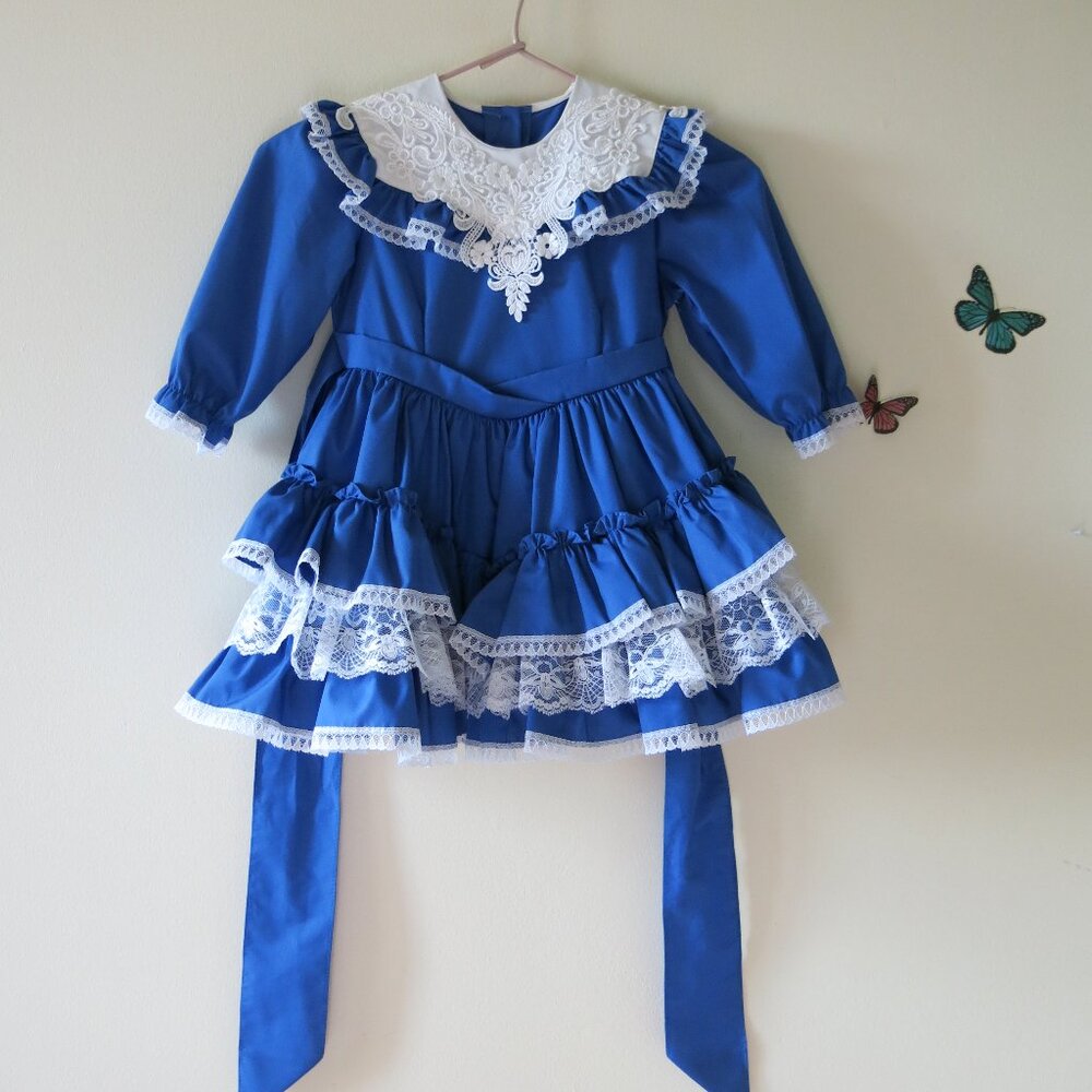 Vintage Golden Age Embroidery Lace Collar Ruffles Blue Cotton Blend Bow Dress 4T